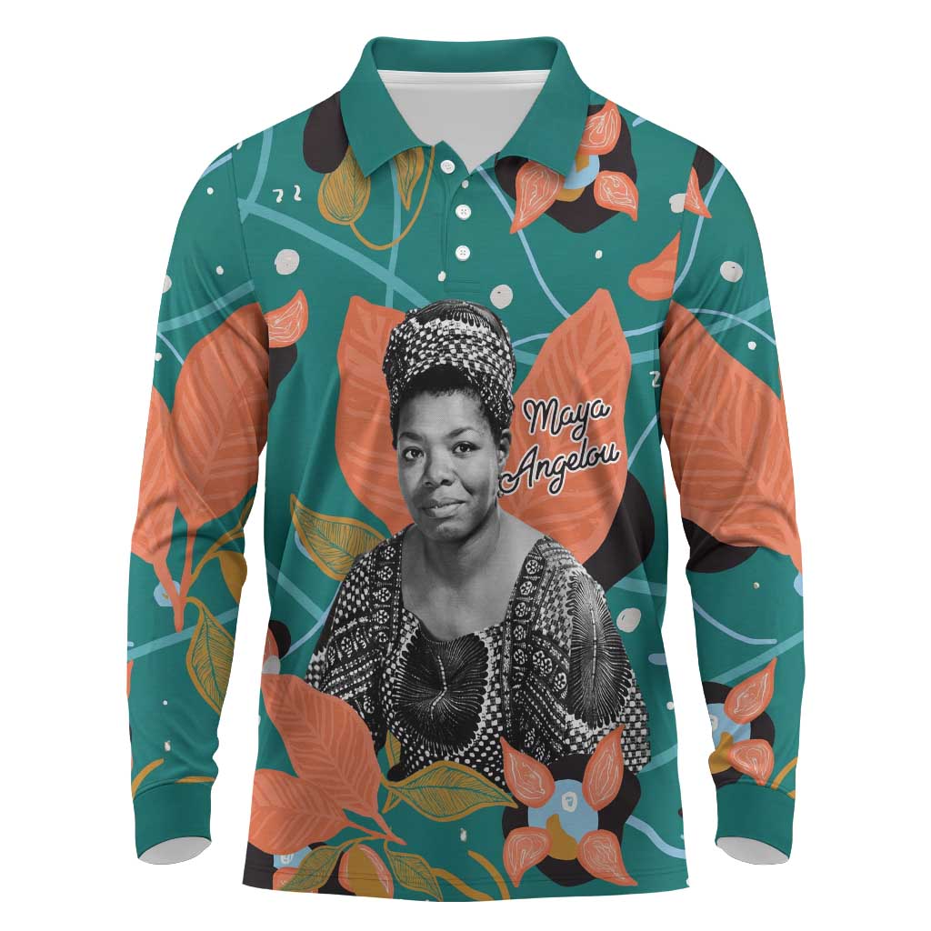 Maya Angelou Long Sleeve Polo Shirt Inspirational Quote Design Vibrant Teal and Orange Leaf Motif - African Pride