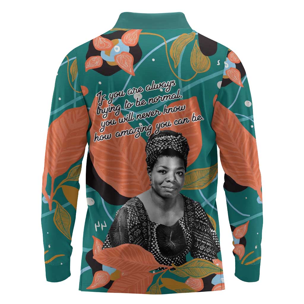 Maya Angelou Long Sleeve Polo Shirt Inspirational Quote Design Vibrant Teal and Orange Leaf Motif - African Pride