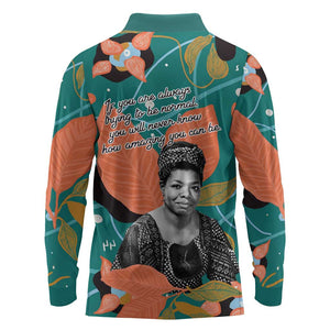 Maya Angelou Long Sleeve Polo Shirt Inspirational Quote Design Vibrant Teal and Orange Leaf Motif - African Pride
