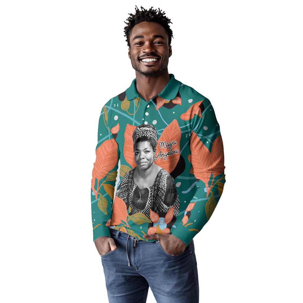Maya Angelou Long Sleeve Polo Shirt Inspirational Quote Design Vibrant Teal and Orange Leaf Motif - African Pride