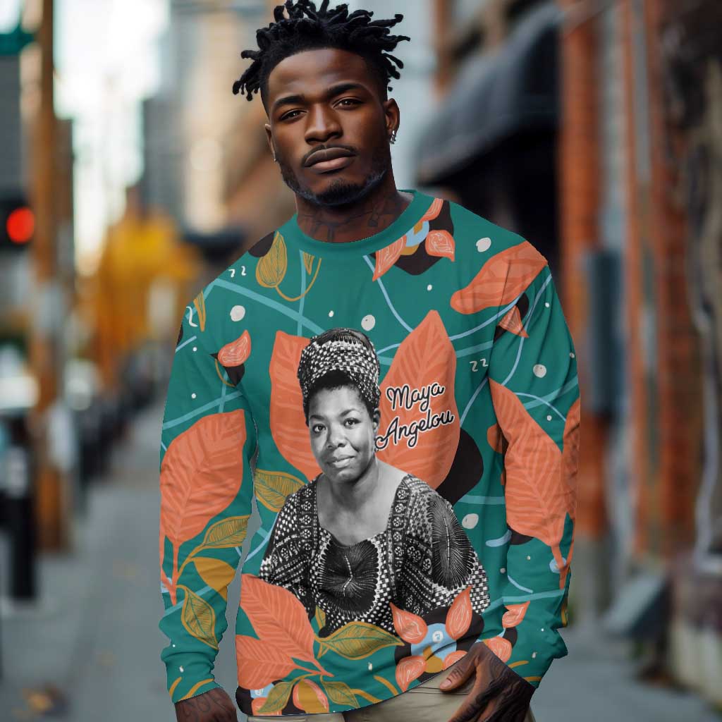 Maya Angelou Long Sleeve Shirt Inspirational Quote Design Vibrant Teal and Orange Leaf Motif - African Pride