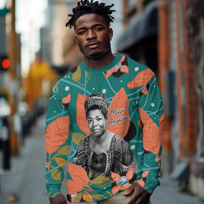 Maya Angelou Long Sleeve Shirt Inspirational Quote Design Vibrant Teal and Orange Leaf Motif - African Pride