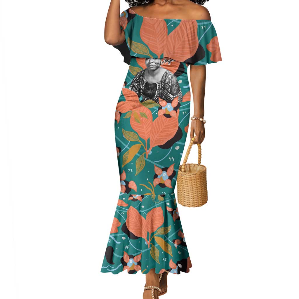 Maya Angelou Mermaid Dress Inspirational Quote Design Vibrant Teal and Orange Leaf Motif - African Pride