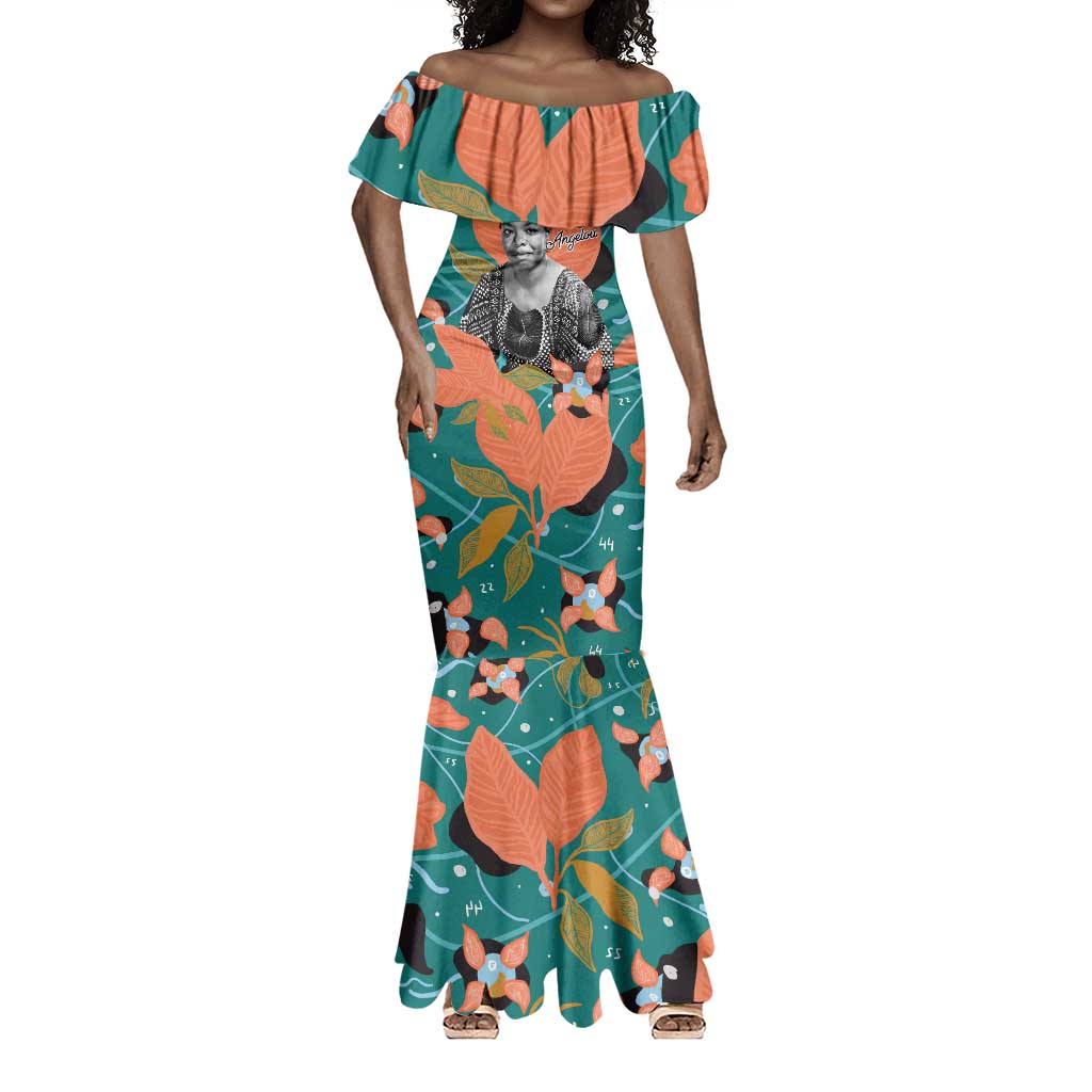 Maya Angelou Mermaid Dress Inspirational Quote Design Vibrant Teal and Orange Leaf Motif - African Pride