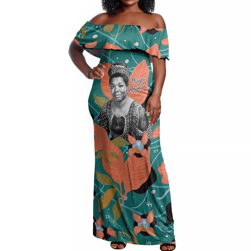 Maya Angelou Off Shoulder Maxi Dress Inspirational Quote Design Vibrant Teal and Orange Leaf Motif - African Pride