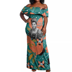 Maya Angelou Off Shoulder Maxi Dress Inspirational Quote Design Vibrant Teal and Orange Leaf Motif - African Pride
