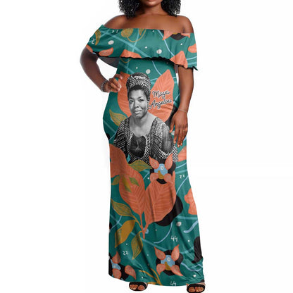 Maya Angelou Off Shoulder Maxi Dress Inspirational Quote Design Vibrant Teal and Orange Leaf Motif - African Pride