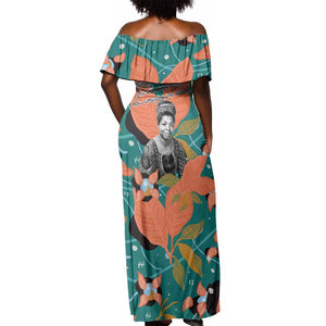 Maya Angelou Off Shoulder Maxi Dress Inspirational Quote Design Vibrant Teal and Orange Leaf Motif - African Pride