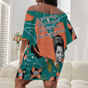 Maya Angelou Off Shoulder Short Dress Inspirational Quote Design Vibrant Teal and Orange Leaf Motif - African Pride