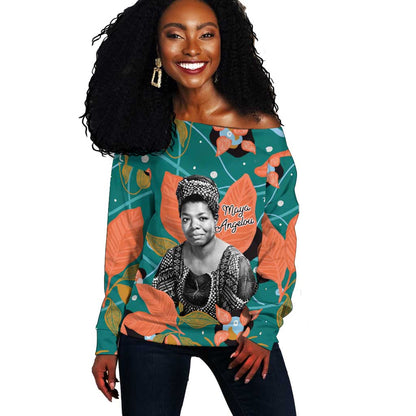 Maya Angelou Off Shoulder Sweater Inspirational Quote Design Vibrant Teal and Orange Leaf Motif - African Pride