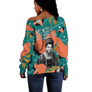 Maya Angelou Off Shoulder Sweater Inspirational Quote Design Vibrant Teal and Orange Leaf Motif - African Pride