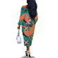 Maya Angelou Off The Shoulder Long Sleeve Dress Inspirational Quote Design Vibrant Teal and Orange Leaf Motif - African Pride
