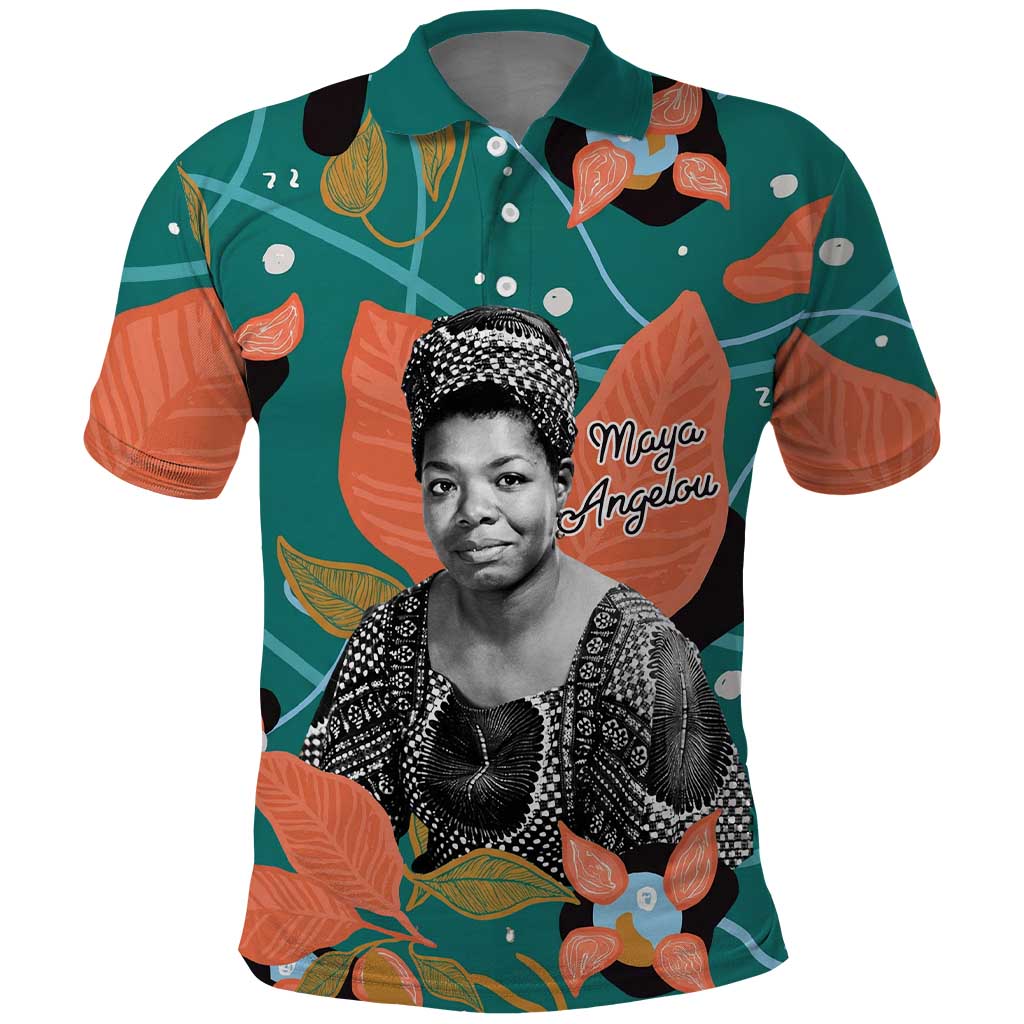 Maya Angelou Polo Shirt Inspirational Quote Design Vibrant Teal and Orange Leaf Motif - African Pride