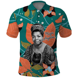 Maya Angelou Polo Shirt Inspirational Quote Design Vibrant Teal and Orange Leaf Motif - African Pride