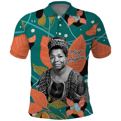 Maya Angelou Polo Shirt Inspirational Quote Design Vibrant Teal and Orange Leaf Motif - African Pride