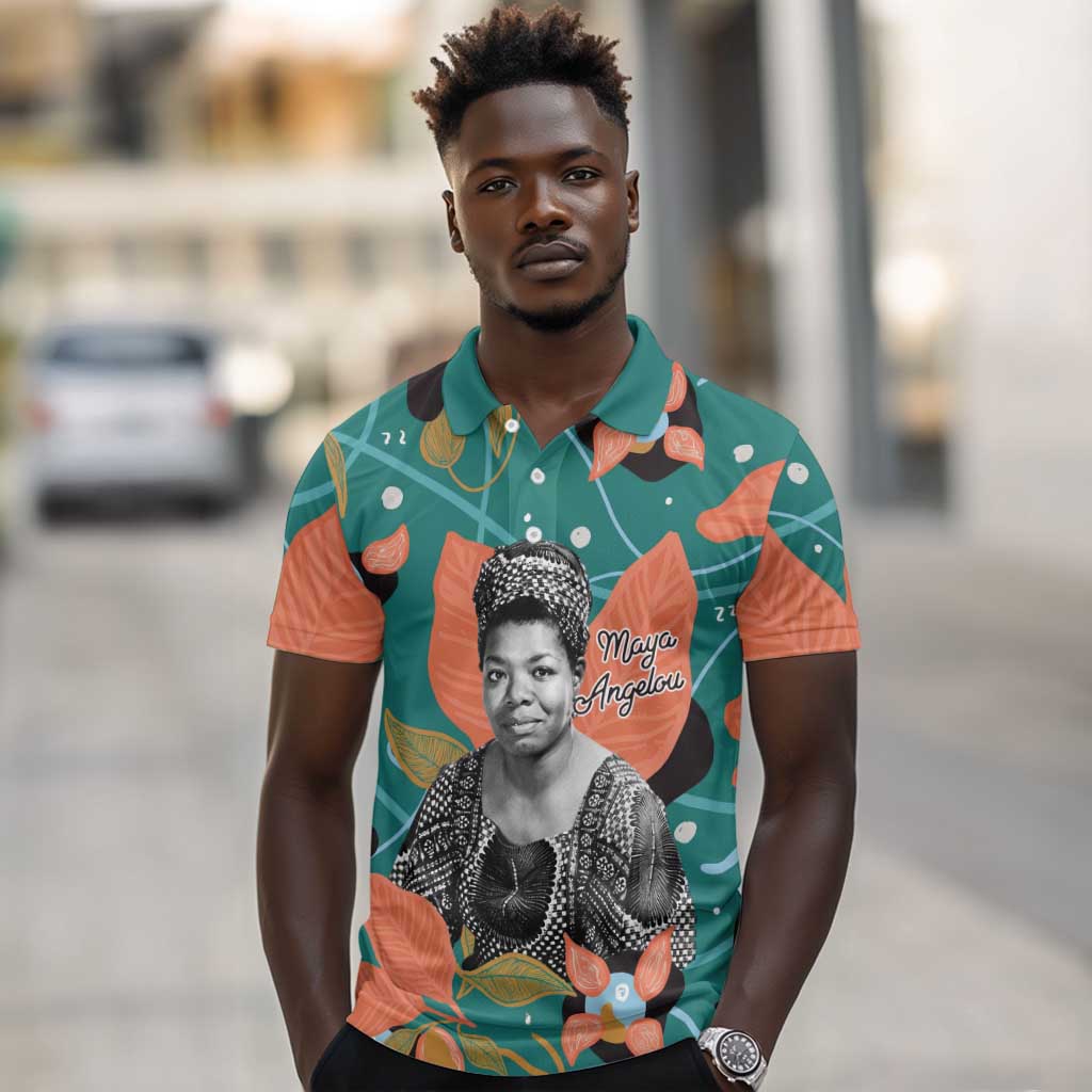 Maya Angelou Polo Shirt Inspirational Quote Design Vibrant Teal and Orange Leaf Motif - African Pride