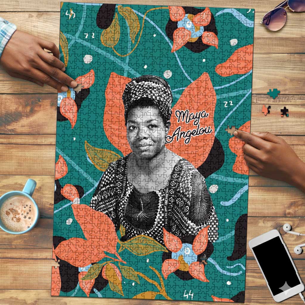 Maya Angelou Puzzle Inspirational Quote Design Vibrant Teal and Orange Leaf Motif - African Pride