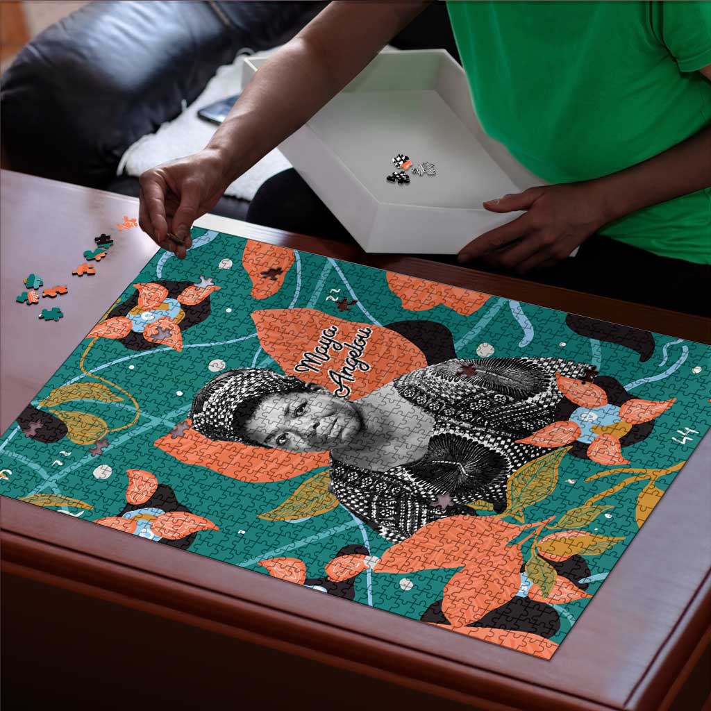 Maya Angelou Puzzle Inspirational Quote Design Vibrant Teal and Orange Leaf Motif - African Pride