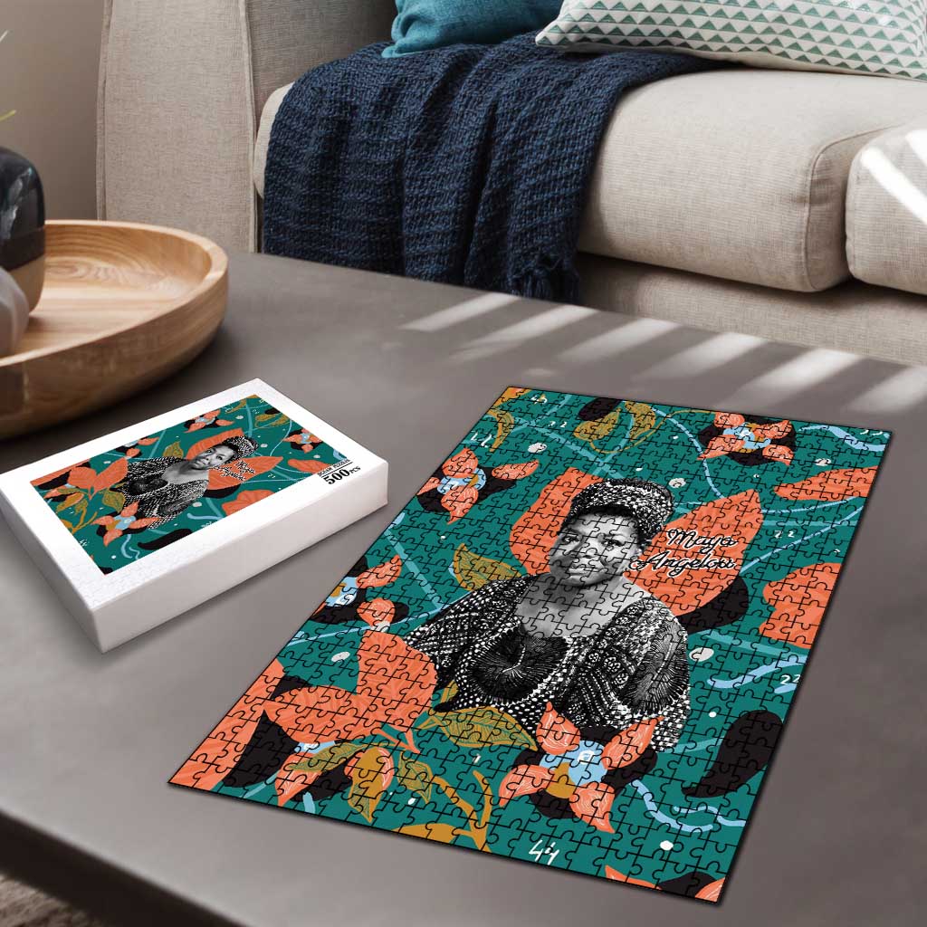 Maya Angelou Puzzle Inspirational Quote Design Vibrant Teal and Orange Leaf Motif - African Pride