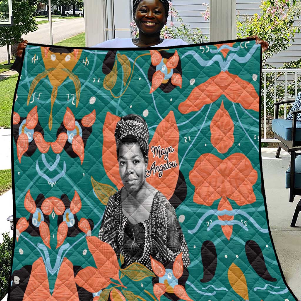 Maya Angelou Quilt Inspirational Quote Design Vibrant Teal and Orange Leaf Motif - African Pride