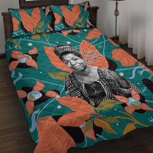Maya Angelou Quilt Bed Set Inspirational Quote Design Vibrant Teal and Orange Leaf Motif - African Pride