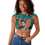 Maya Angelou Raglan Cropped T shirt Inspirational Quote Design Vibrant Teal and Orange Leaf Motif - African Pride