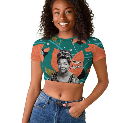 Maya Angelou Raglan Cropped T shirt Inspirational Quote Design Vibrant Teal and Orange Leaf Motif - African Pride