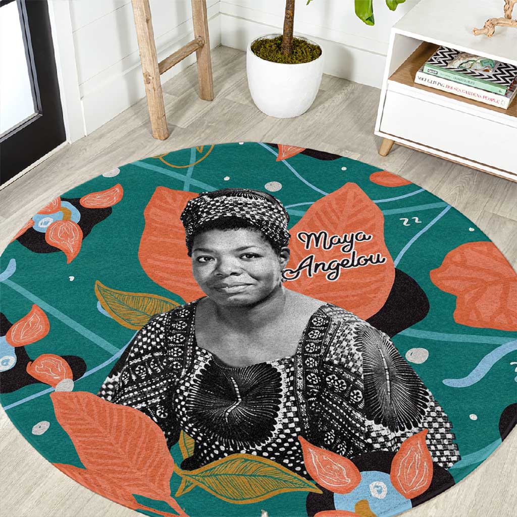 Maya Angelou Round Carpet Inspirational Quote Design Vibrant Teal and Orange Leaf Motif - African Pride