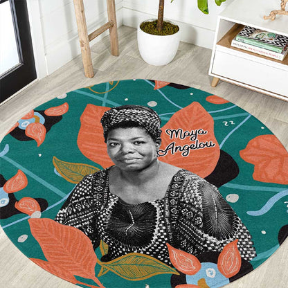 Maya Angelou Round Carpet Inspirational Quote Design Vibrant Teal and Orange Leaf Motif - African Pride