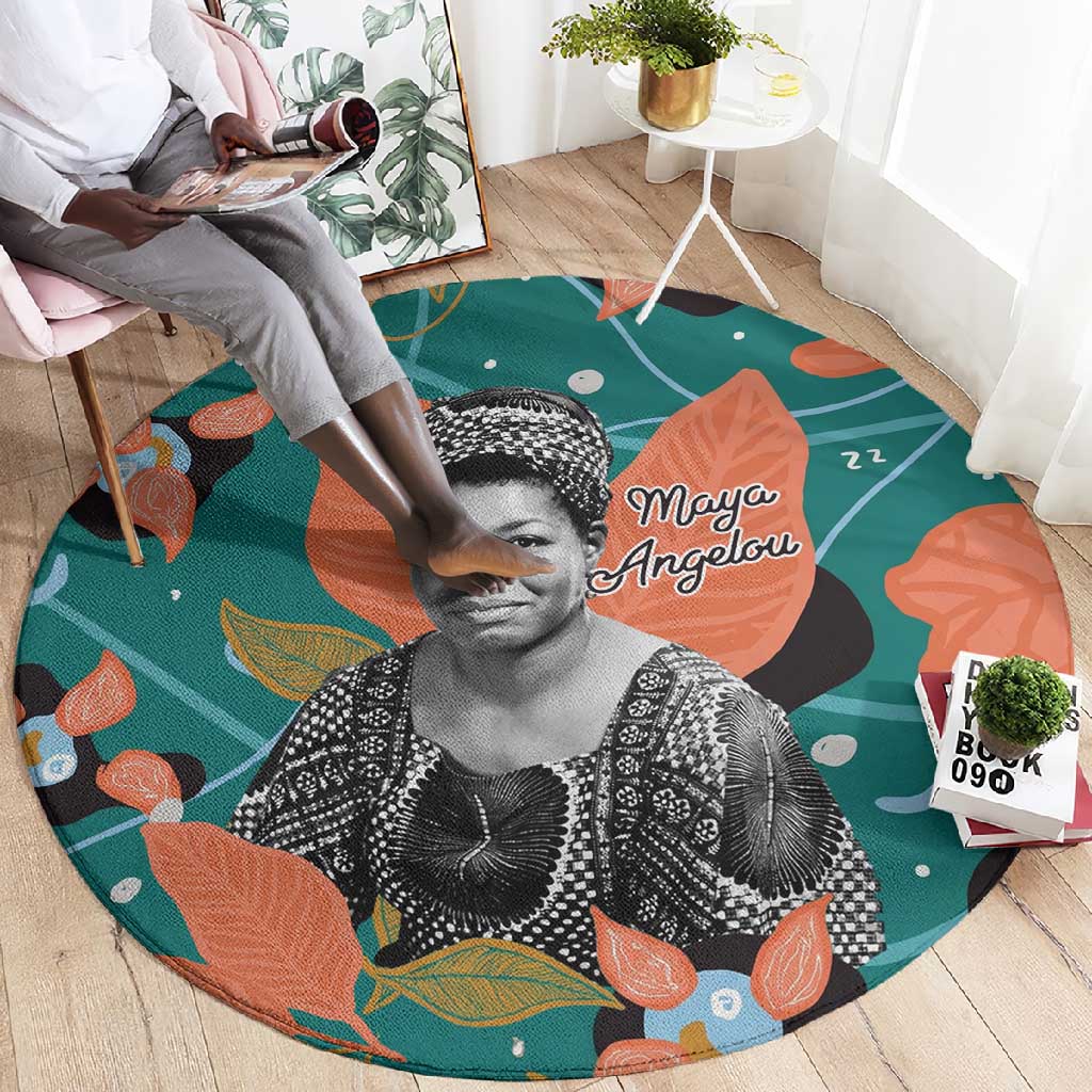 Maya Angelou Round Carpet Inspirational Quote Design Vibrant Teal and Orange Leaf Motif - African Pride