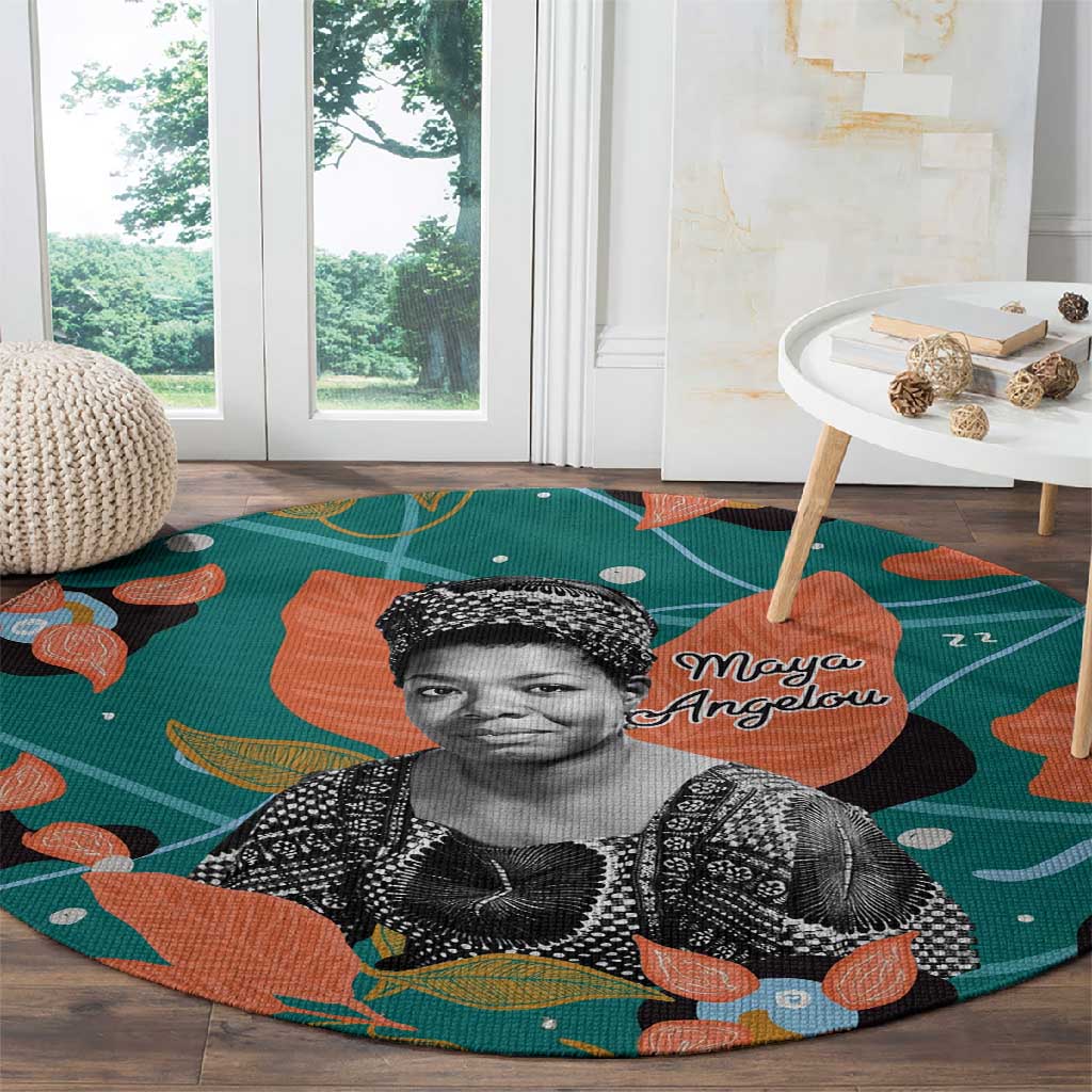 Maya Angelou Round Carpet Inspirational Quote Design Vibrant Teal and Orange Leaf Motif - African Pride