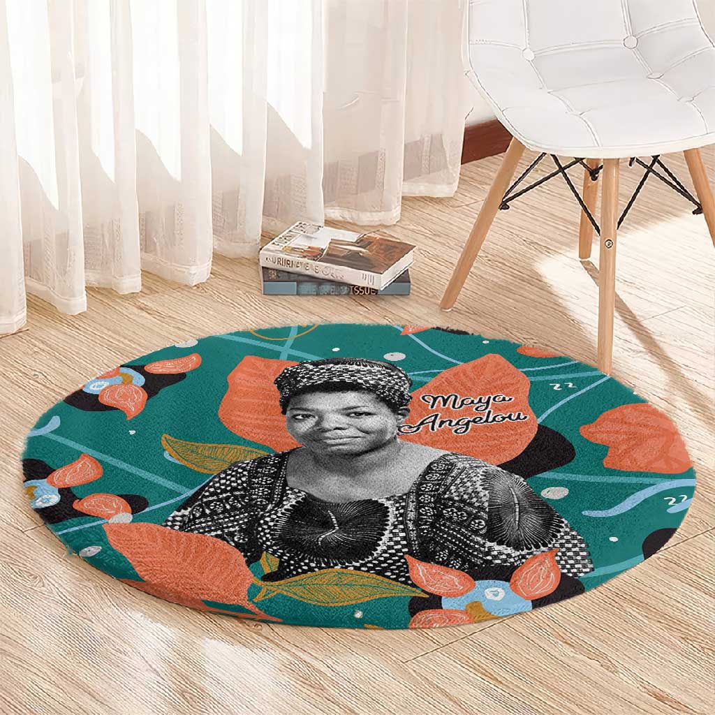 Maya Angelou Round Carpet Inspirational Quote Design Vibrant Teal and Orange Leaf Motif - African Pride