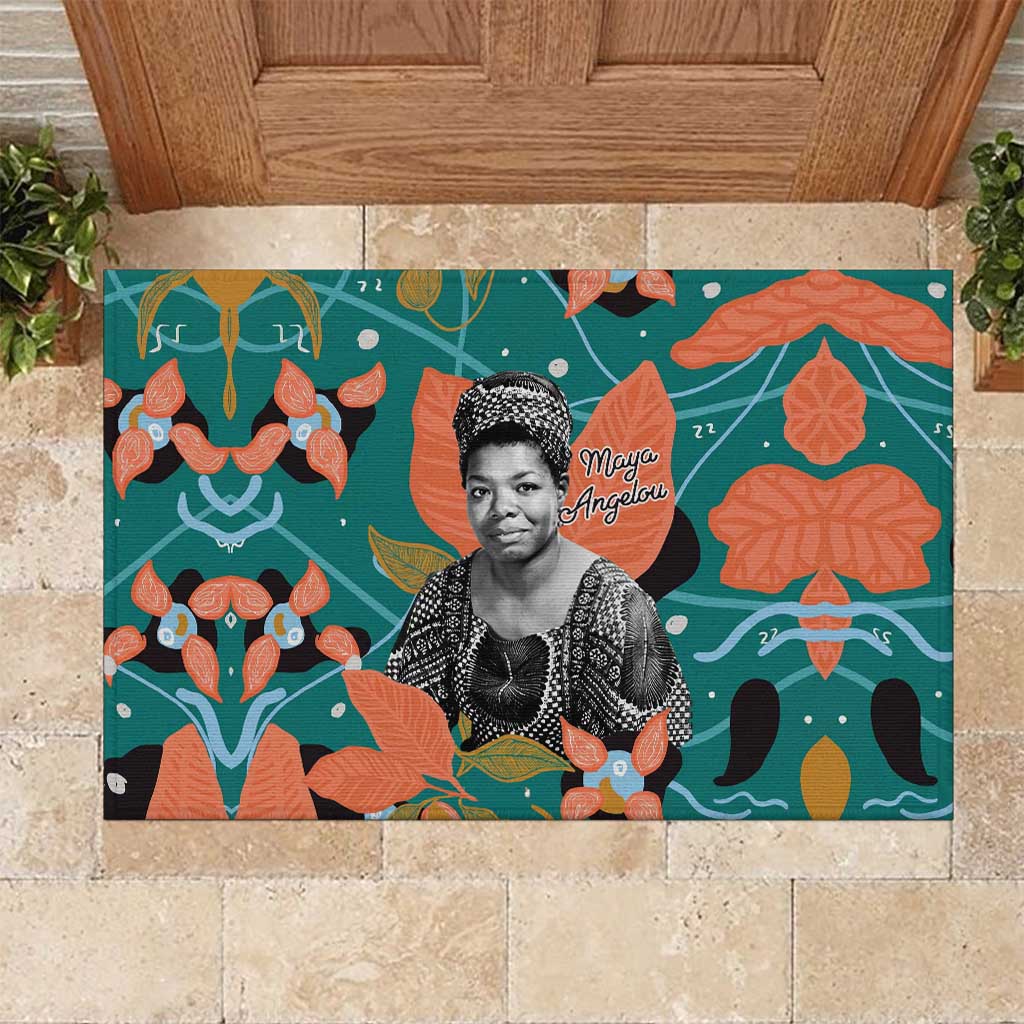 Maya Angelou Rubber Doormat Inspirational Quote Design Vibrant Teal and Orange Leaf Motif - African Pride