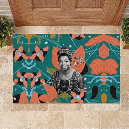 Maya Angelou Rubber Doormat Inspirational Quote Design Vibrant Teal and Orange Leaf Motif - African Pride