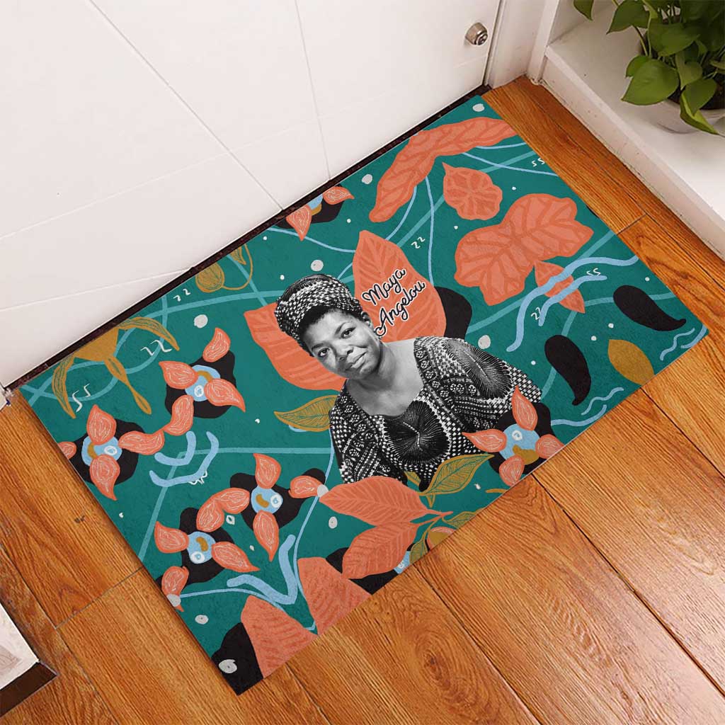 Maya Angelou Rubber Doormat Inspirational Quote Design Vibrant Teal and Orange Leaf Motif - African Pride