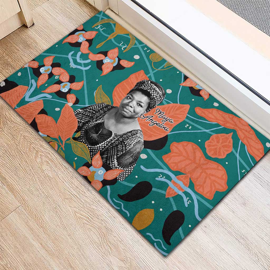 Maya Angelou Rubber Doormat Inspirational Quote Design Vibrant Teal and Orange Leaf Motif - African Pride