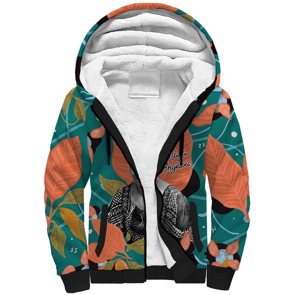 Maya Angelou Sherpa Hoodie Inspirational Quote Design Vibrant Teal and Orange Leaf Motif - African Pride