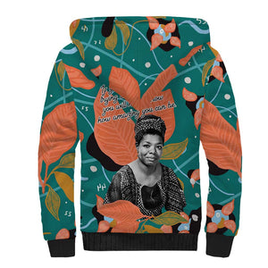 Maya Angelou Sherpa Hoodie Inspirational Quote Design Vibrant Teal and Orange Leaf Motif - African Pride
