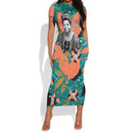 Maya Angelou Short Sleeve Bodycon Dress Inspirational Quote Design Vibrant Teal and Orange Leaf Motif - African Pride