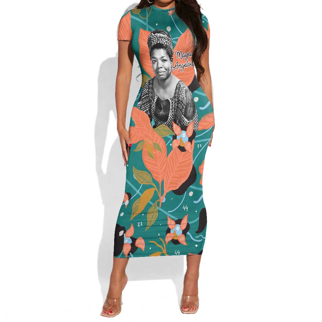 Maya Angelou Short Sleeve Bodycon Dress Inspirational Quote Design Vibrant Teal and Orange Leaf Motif - African Pride