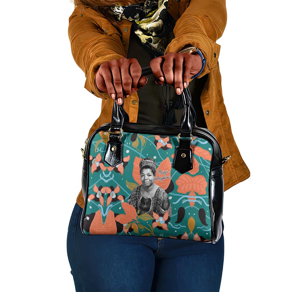 Maya Angelou Shoulder Handbag Inspirational Quote Design Vibrant Teal and Orange Leaf Motif - African Pride