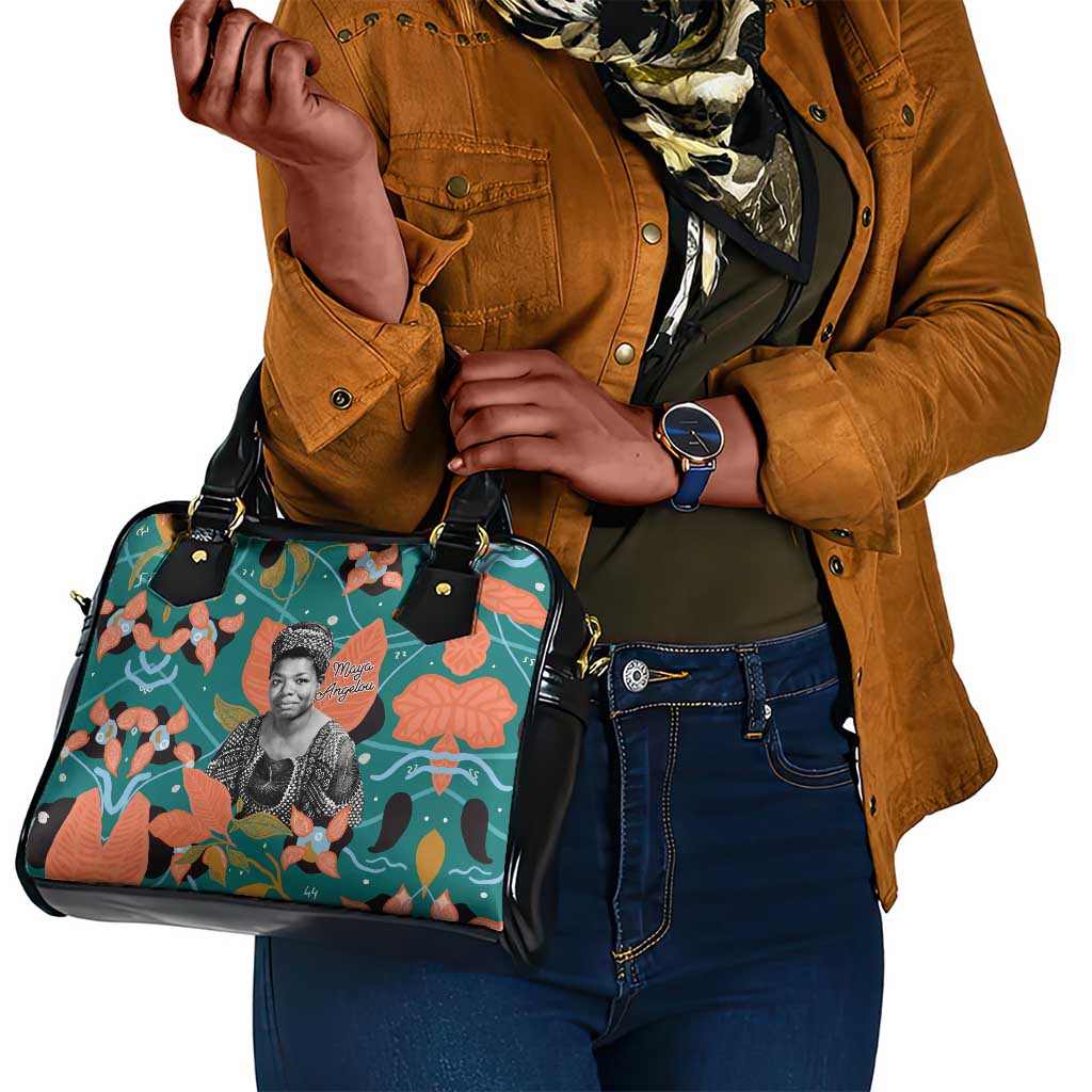 Maya Angelou Shoulder Handbag Inspirational Quote Design Vibrant Teal and Orange Leaf Motif - African Pride