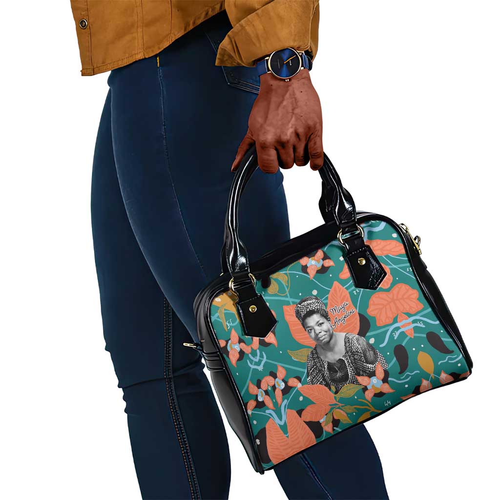 Maya Angelou Shoulder Handbag Inspirational Quote Design Vibrant Teal and Orange Leaf Motif - African Pride