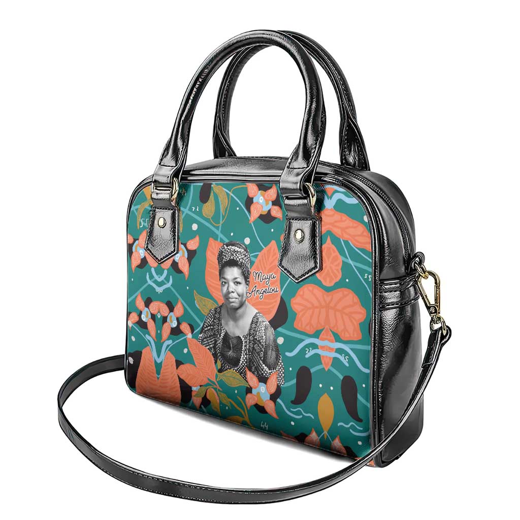 Maya Angelou Shoulder Handbag Inspirational Quote Design Vibrant Teal and Orange Leaf Motif - African Pride