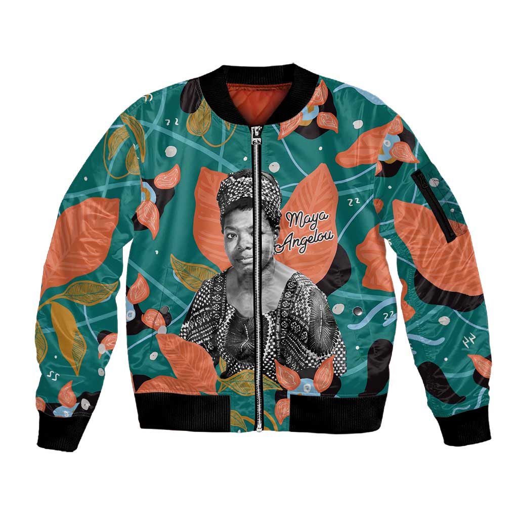 Maya Angelou Sleeve Zip Bomber Jacket Inspirational Quote Design Vibrant Teal and Orange Leaf Motif - African Pride