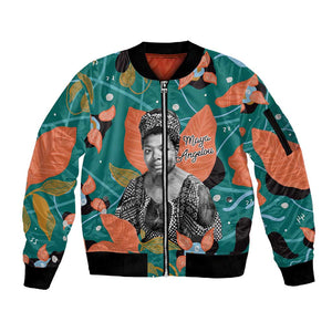Maya Angelou Sleeve Zip Bomber Jacket Inspirational Quote Design Vibrant Teal and Orange Leaf Motif - African Pride
