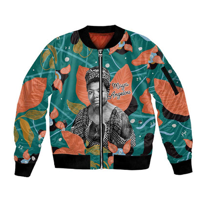 Maya Angelou Sleeve Zip Bomber Jacket Inspirational Quote Design Vibrant Teal and Orange Leaf Motif - African Pride
