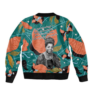 Maya Angelou Sleeve Zip Bomber Jacket Inspirational Quote Design Vibrant Teal and Orange Leaf Motif - African Pride