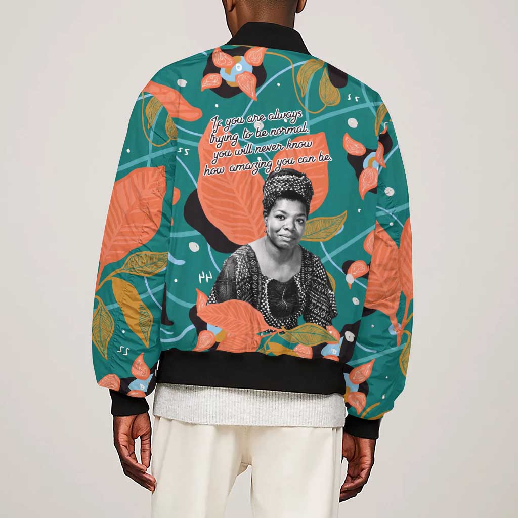 Maya Angelou Sleeve Zip Bomber Jacket Inspirational Quote Design Vibrant Teal and Orange Leaf Motif - African Pride