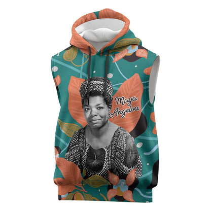 Maya Angelou Sleeveless Hoodie Inspirational Quote Design Vibrant Teal and Orange Leaf Motif - African Pride